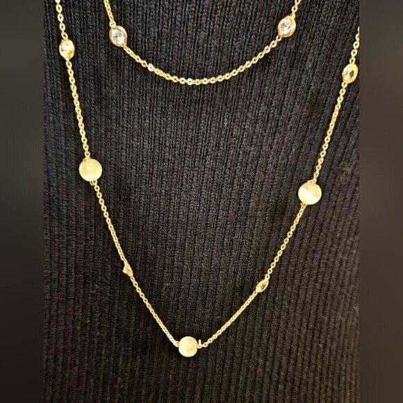 Gold Tone Double Layer Necklace w/ Pearls & Crystal Stations - Picture 5 of 6
